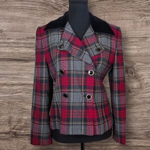 Rena Rowan Red and Gray Plaid Wool Blend Blazer With Velvet Collar 8P